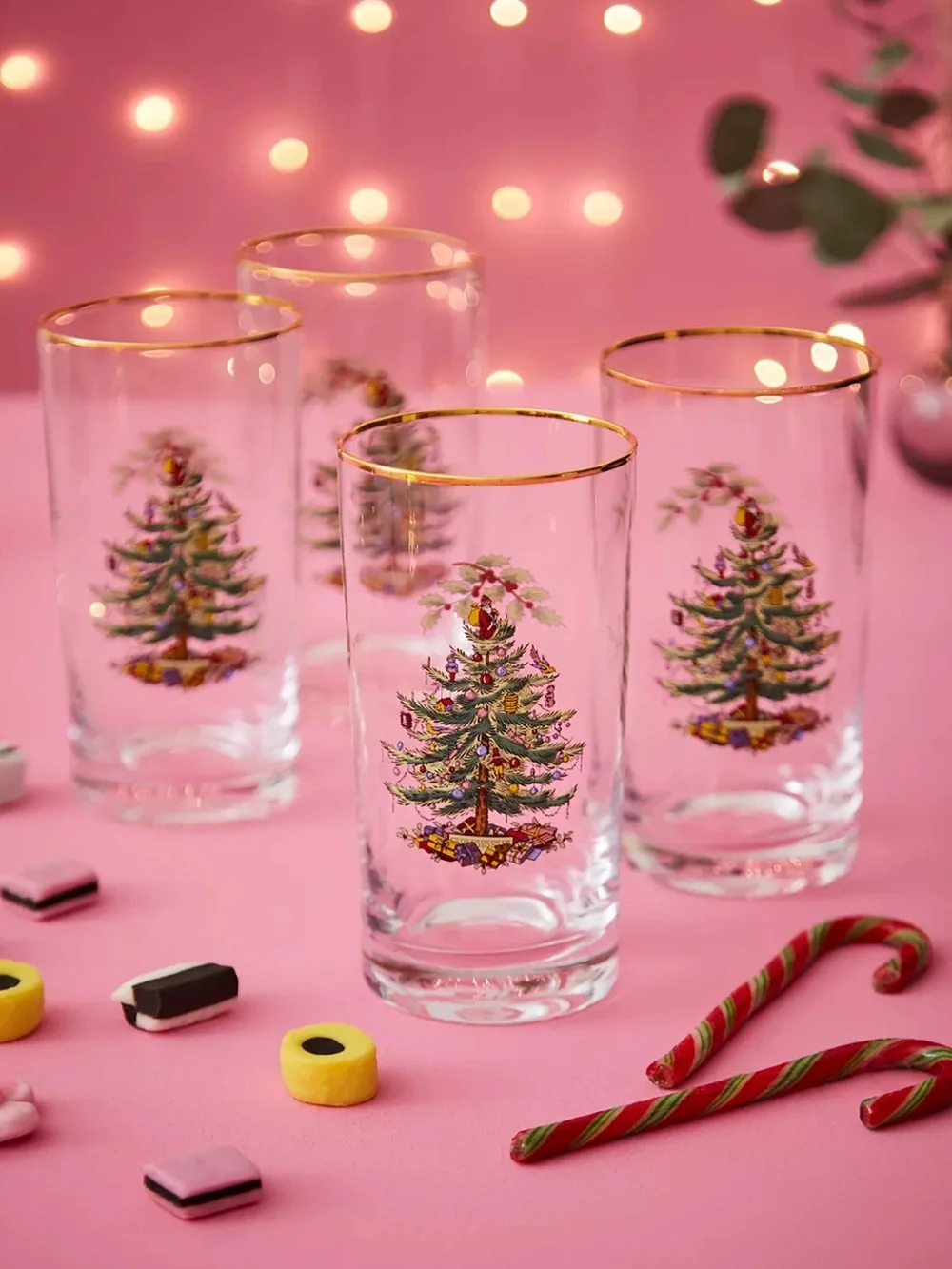 Set of 8 Spode Christmas Tree 22K Gold Rimmed 15oz Highball Glasses New in Box